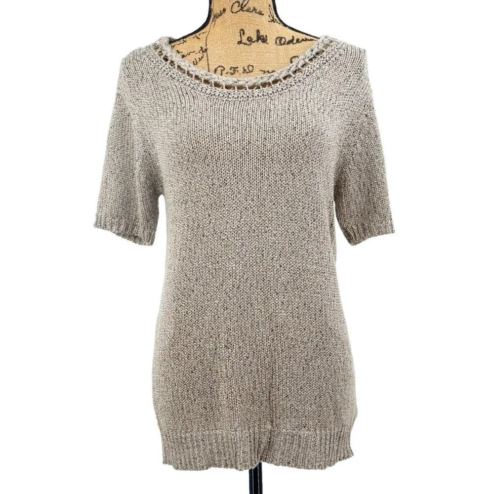 Moth Anthropologie Sweater Women M Marled Beige 1/2 Sleeve Knit Braided Neckline
